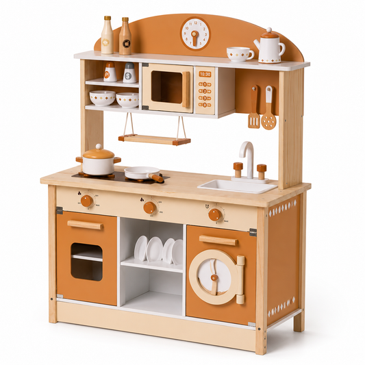 Cuisine Enfant en Bois Caramel - Cuisine Montessori 17 Pièces