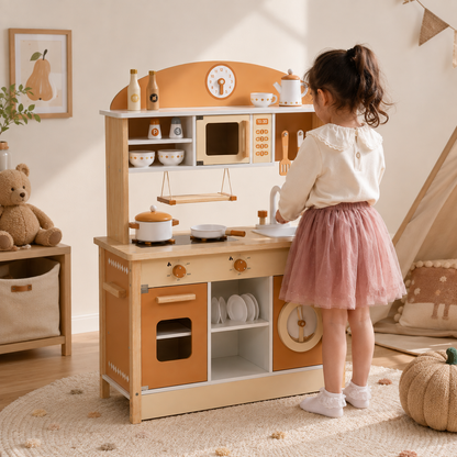 Cuisine Enfant en Bois Caramel - Cuisine Montessori 17 Pièces