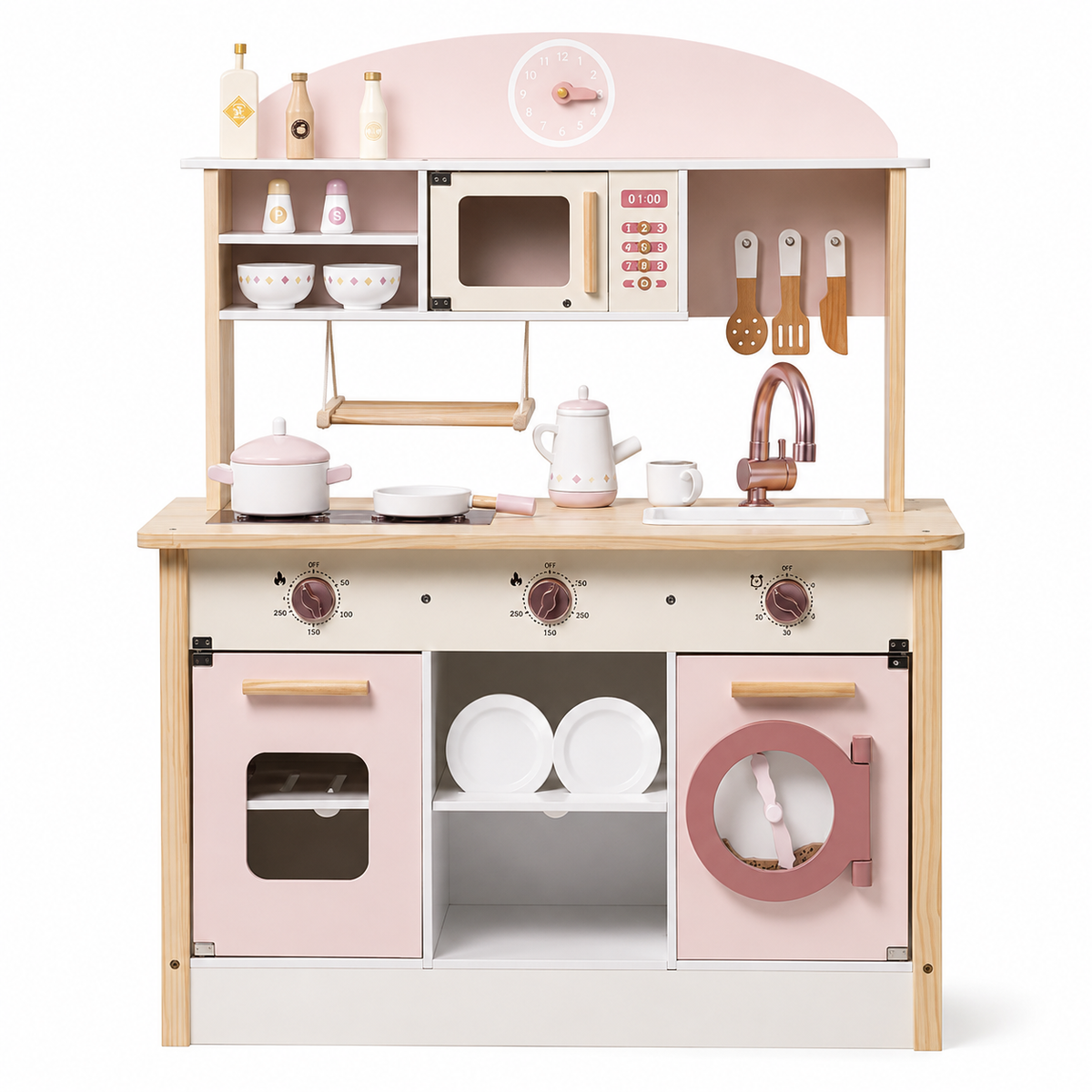 Cuisine Enfant en Bois Rose - Cuisinière Jouet 17 Accessoires