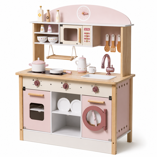 Cuisine Enfant en Bois Rose - Cuisinière Jouet 17 Accessoires