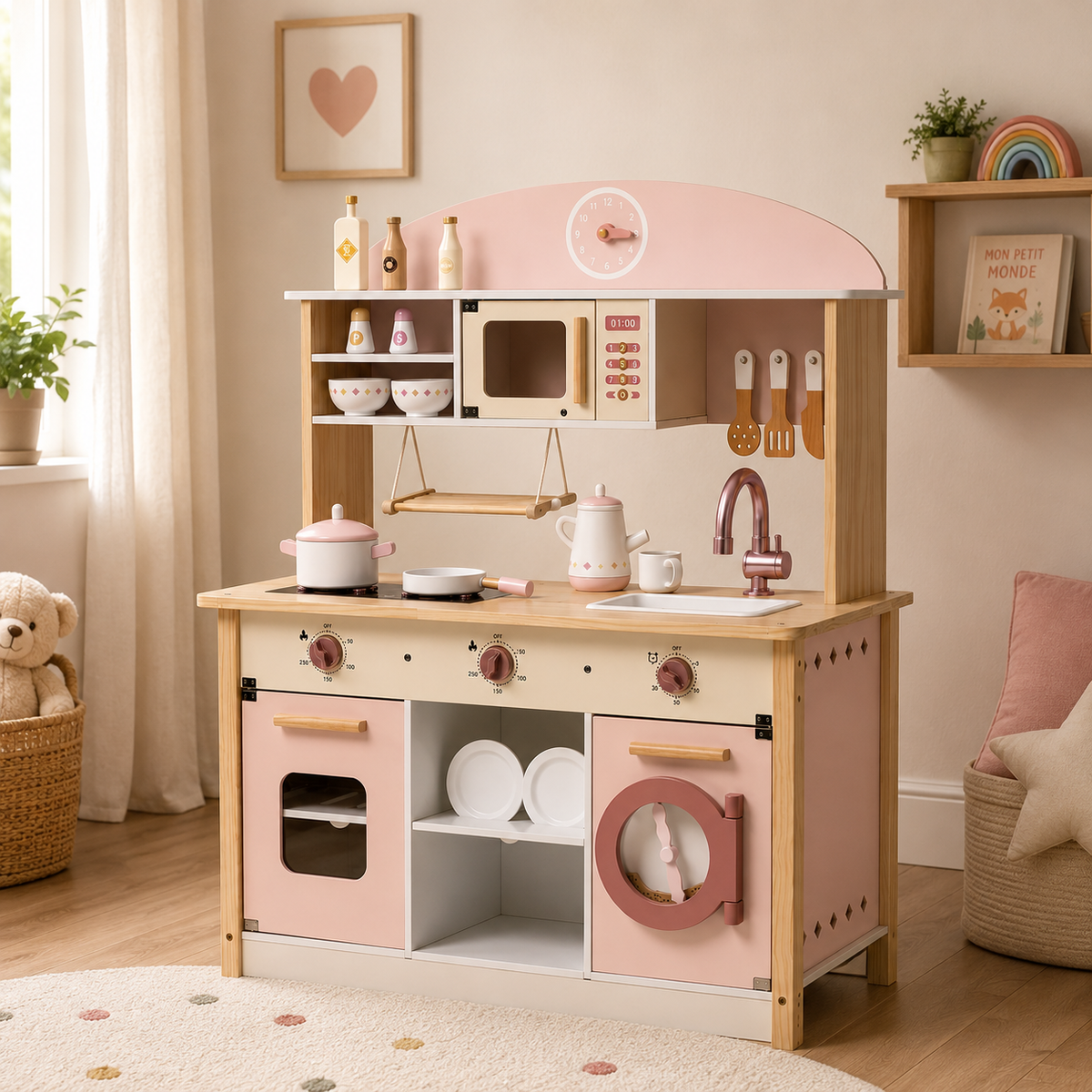 Cuisine Enfant en Bois Rose - Cuisinière Jouet 17 Accessoires