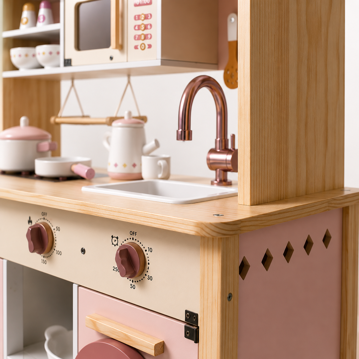 Cuisine Enfant en Bois Rose - Cuisinière Jouet 17 Accessoires