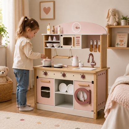 Cuisine Enfant en Bois Rose - Cuisinière Jouet 17 Accessoires