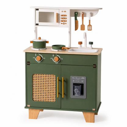 Cuisine Enfant en Bois Vintage - Vert Olive et Cannage