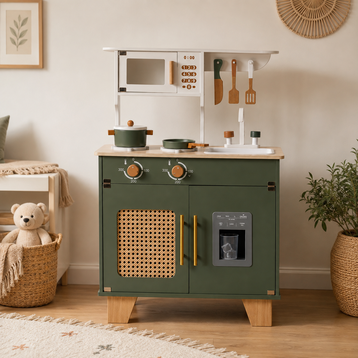 Cuisine Enfant en Bois Vintage - Vert Olive et Cannage