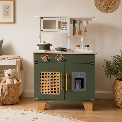 Cuisine Enfant en Bois Vintage - Vert Olive et Cannage