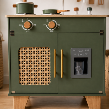 Cuisine Enfant en Bois Vintage - Vert Olive et Cannage