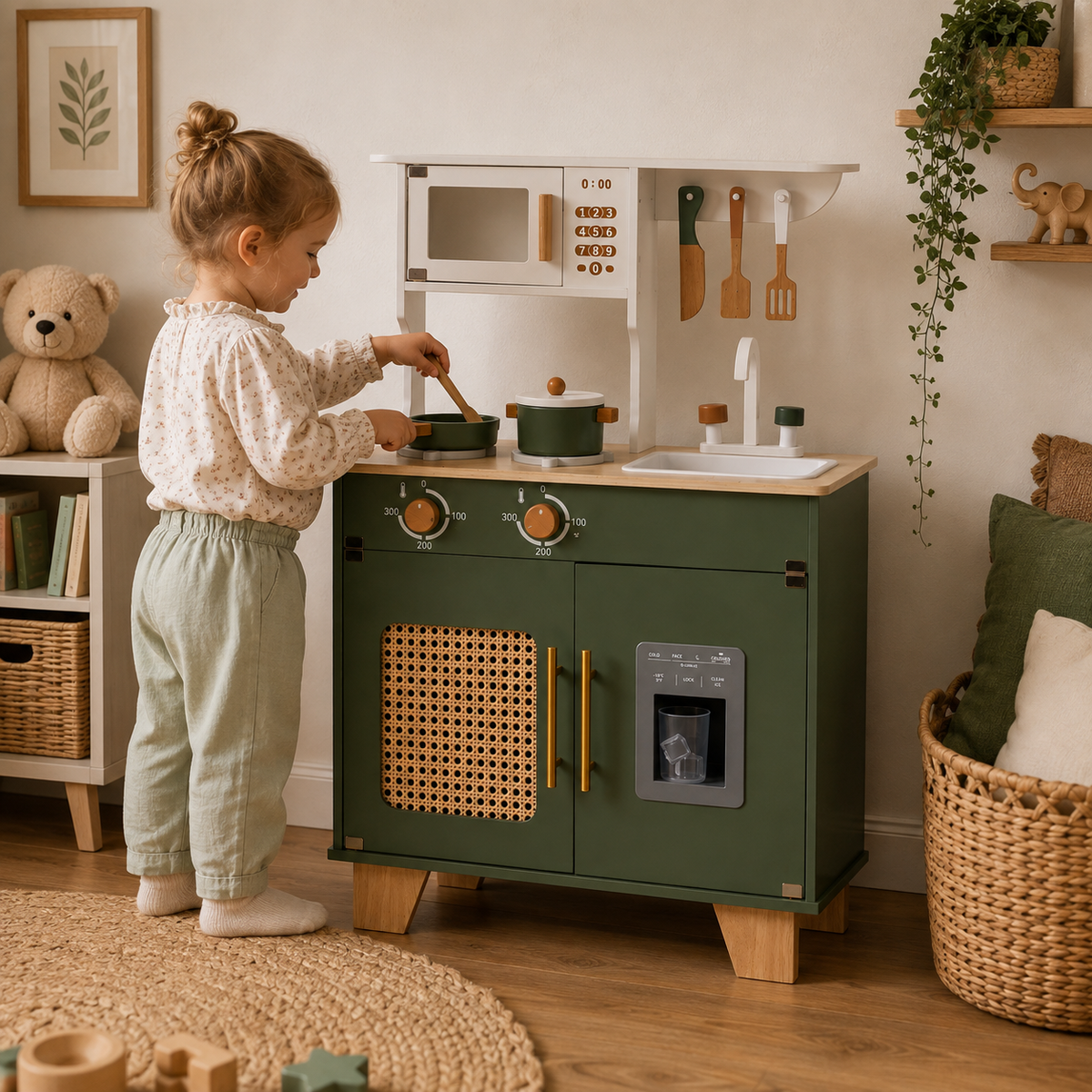Cuisine Enfant en Bois Vintage - Vert Olive et Cannage