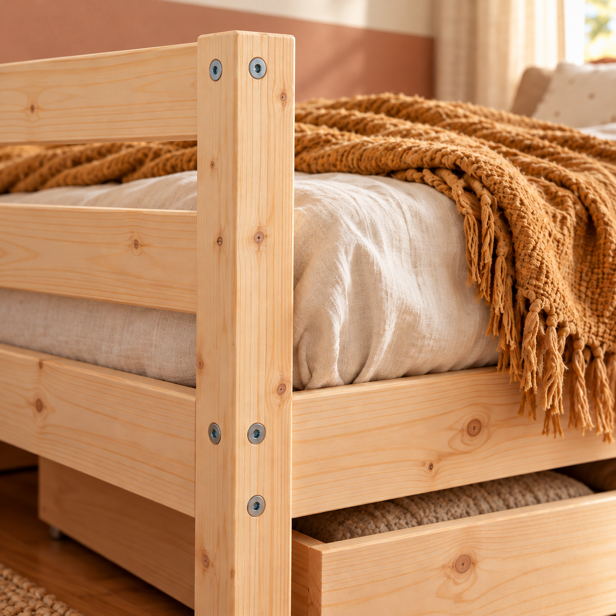 Lit enfant 80x160 en pin massif – Érable, bas avec 2 tiroirs