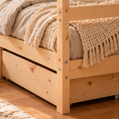 Lit cabane 80x160 en pin massif – Saule, maison avec 2 tiroirs