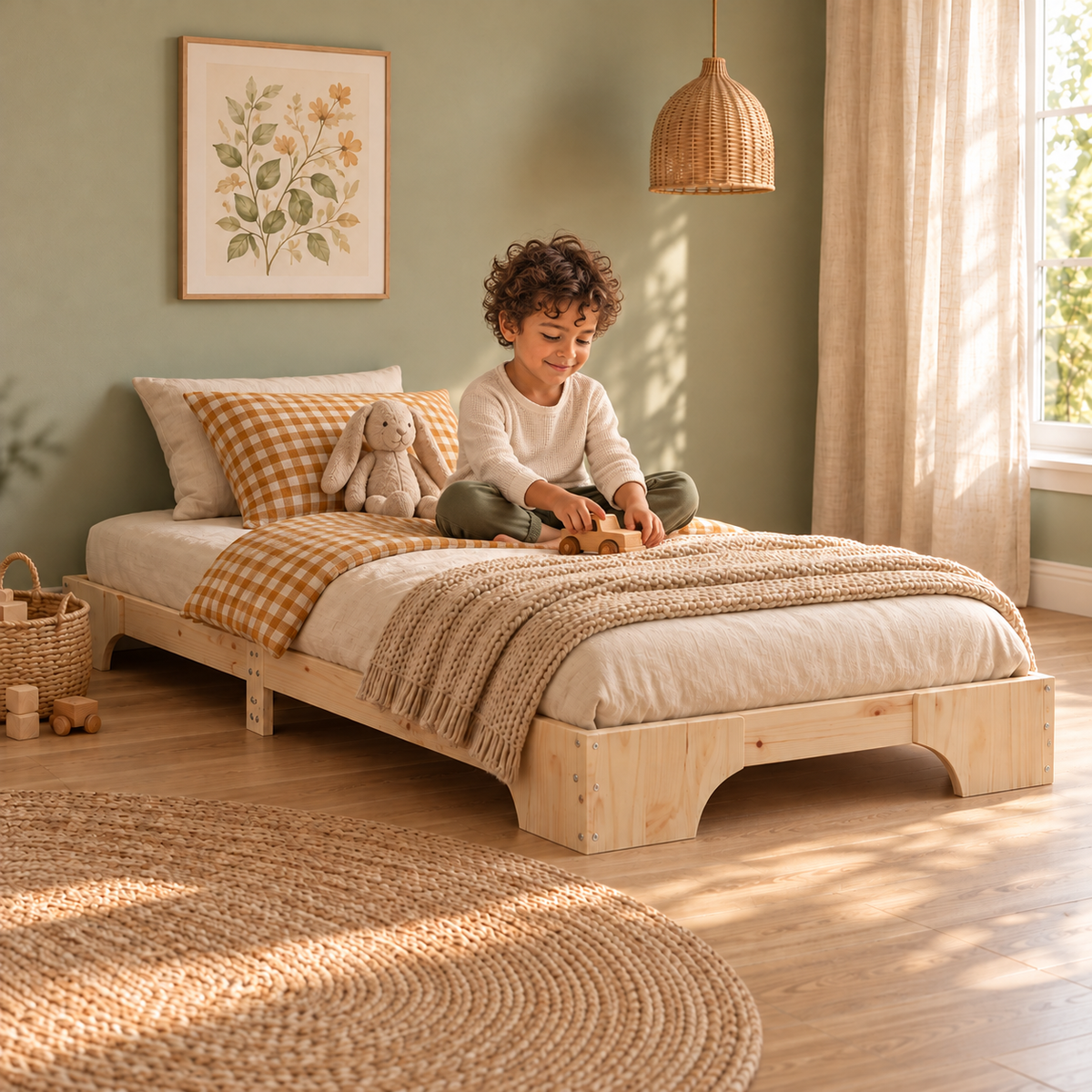Lit enfant 90x190 en pin massif – Orme, plateforme basse épurée