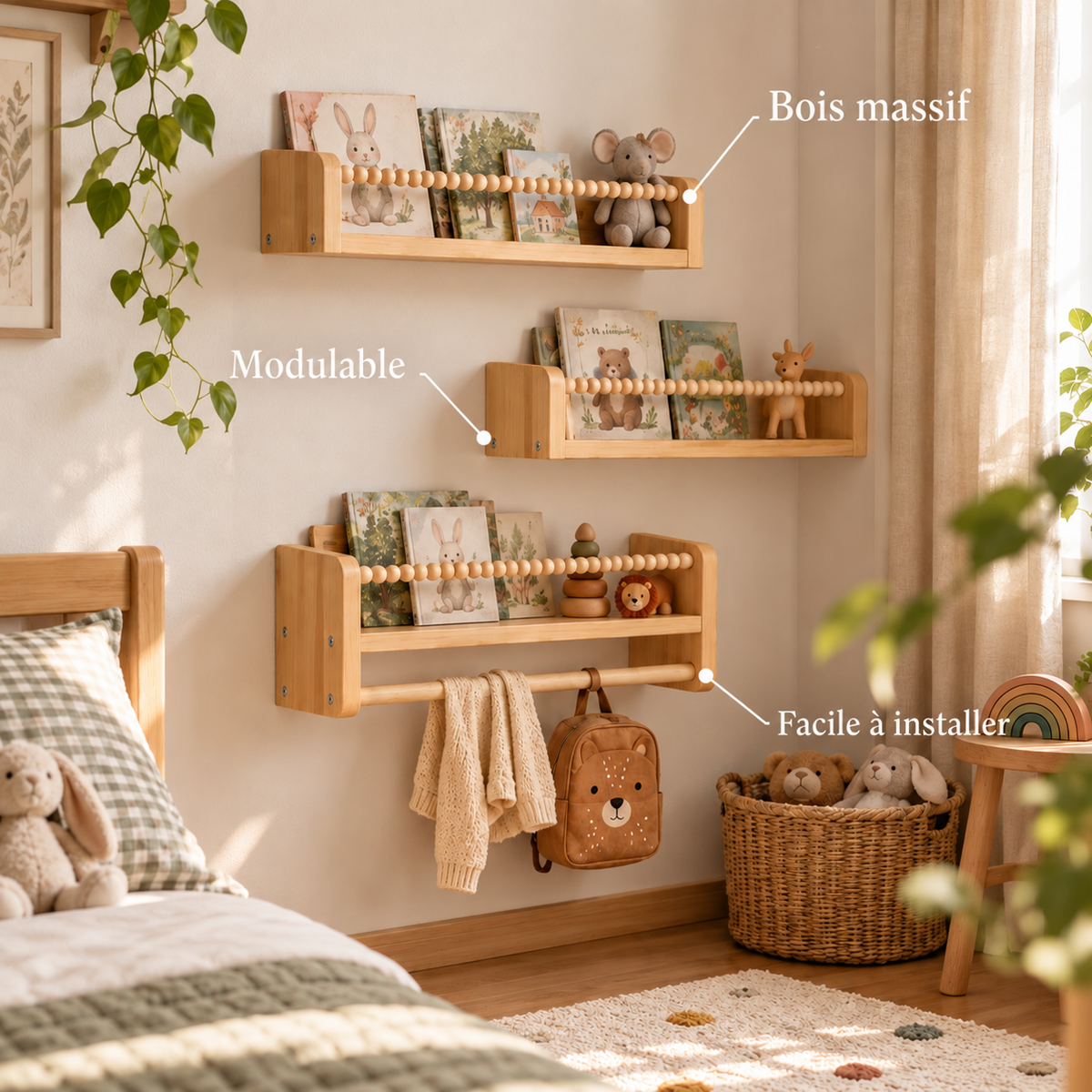 Lot de 3 Bibliothèques Enfant Murales 50cm - Etagère livre en bois