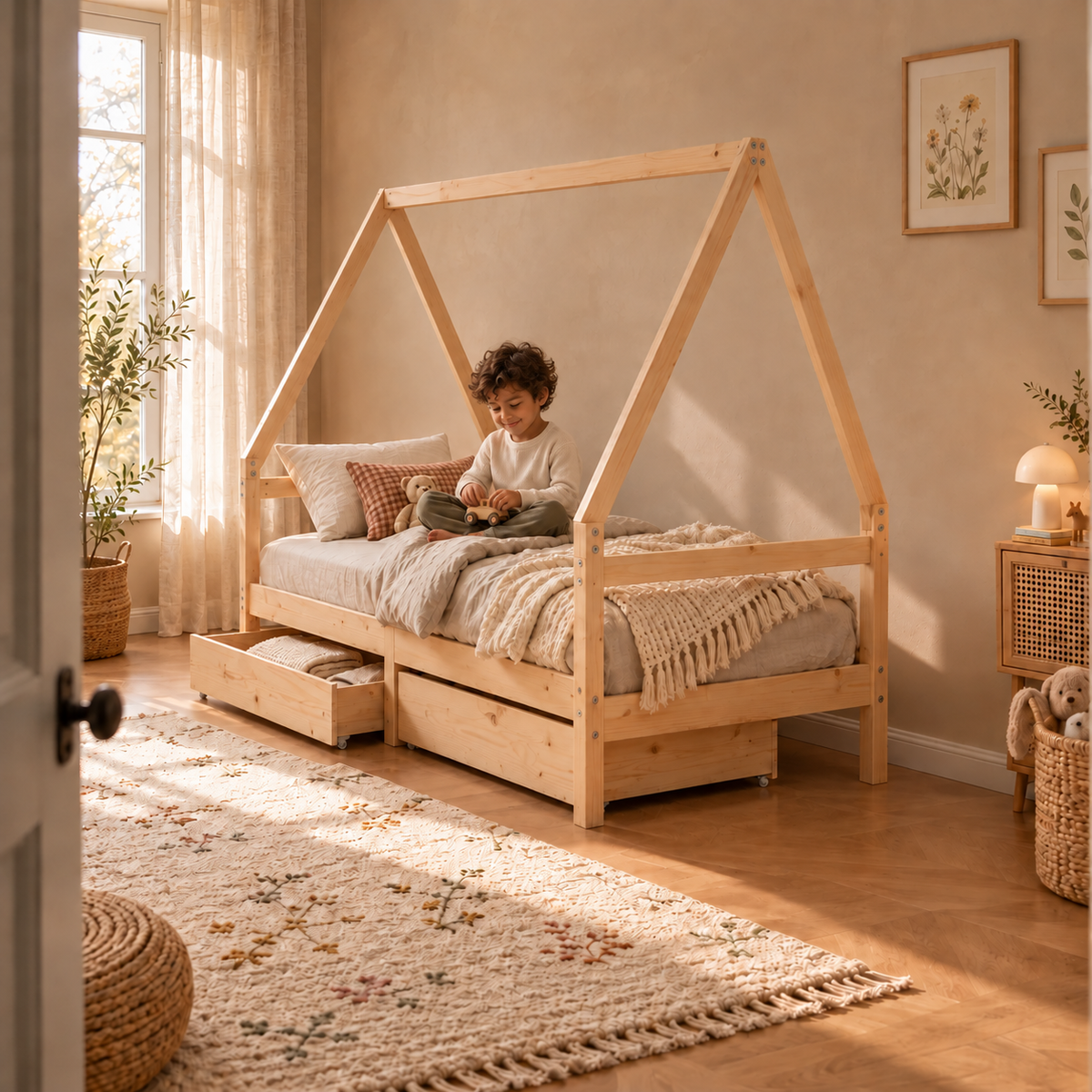 Lit cabane 80x160 en pin massif – Saule, maison avec 2 tiroirs