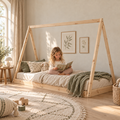 Lit cabane 90x190 en pin massif – Cèdre, tipi au sol
