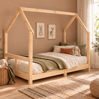 Lit cabane 80x160 en pin massif – Charme, toit pentagonal