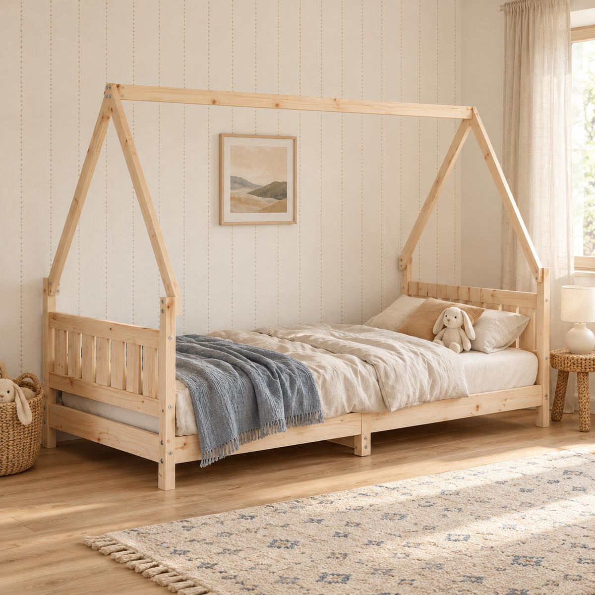 Lit cabane 90x190 en pin massif – Mélèze, maison à tête de lit à barreaux