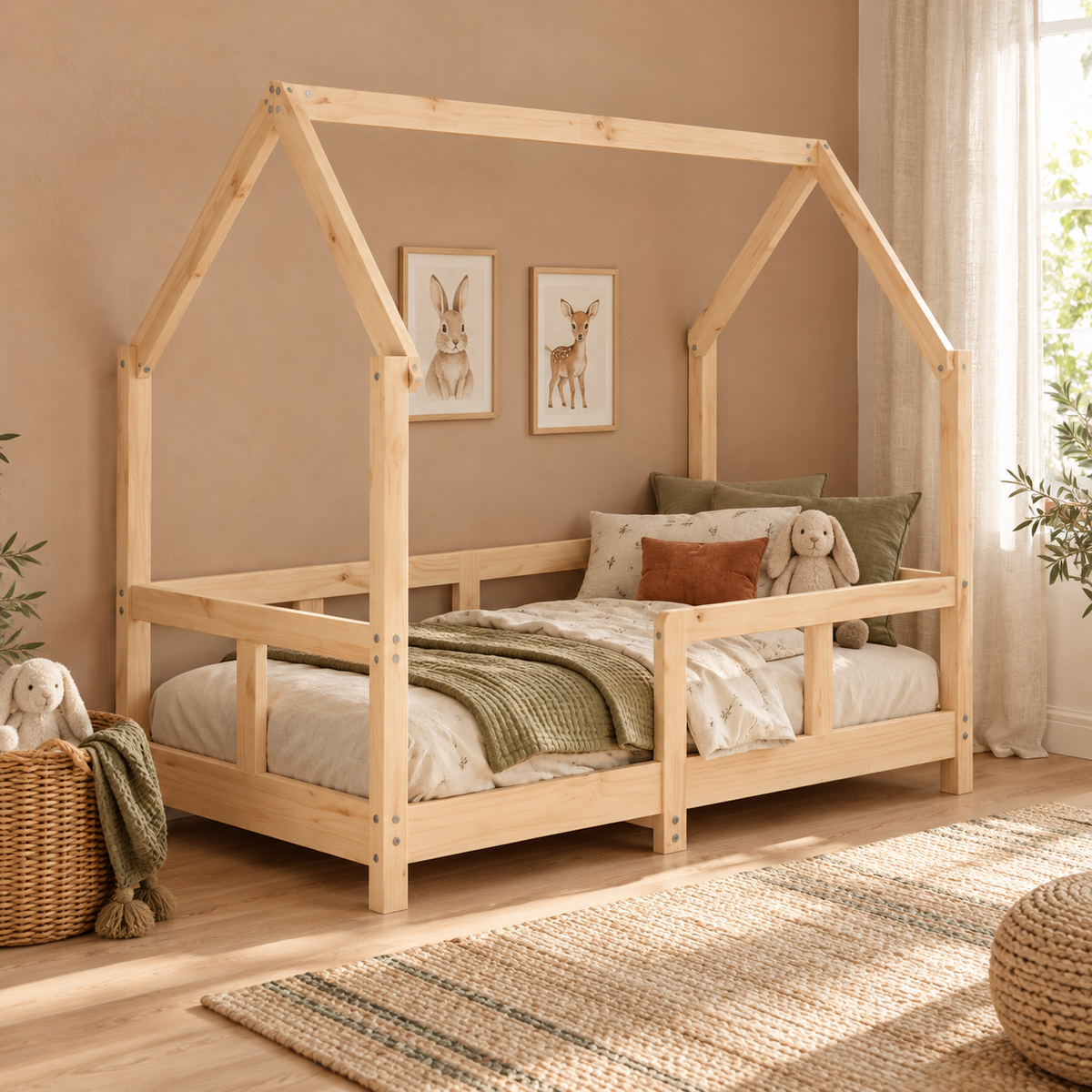 Lit cabane 70x140 en pin massif – Charme, toit pentagonal