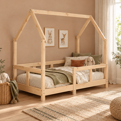 Lit cabane 70x140 en pin massif – Charme, toit pentagonal