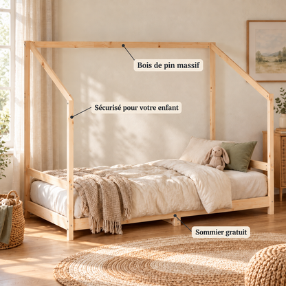 Lit cabane 90x190 en pin massif – Frêne, toit asymétrique ouvert