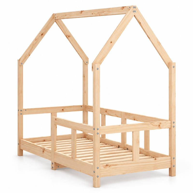 Lit cabane 70x140 en pin massif – Charme, toit pentagonal
