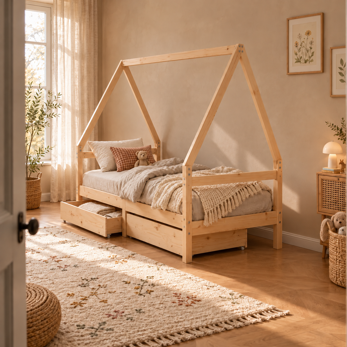 Lit cabane 80x160 en pin massif – Saule, maison avec 2 tiroirs
