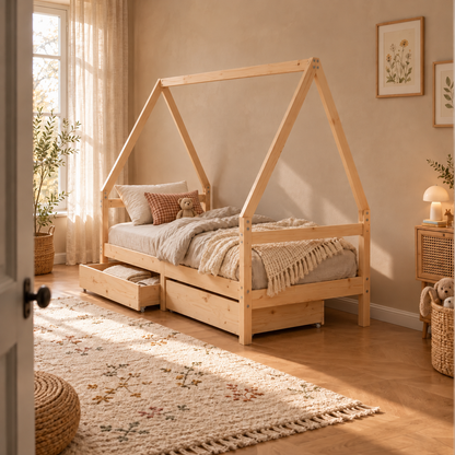 Lit cabane 80x160 en pin massif – Saule, maison avec 2 tiroirs