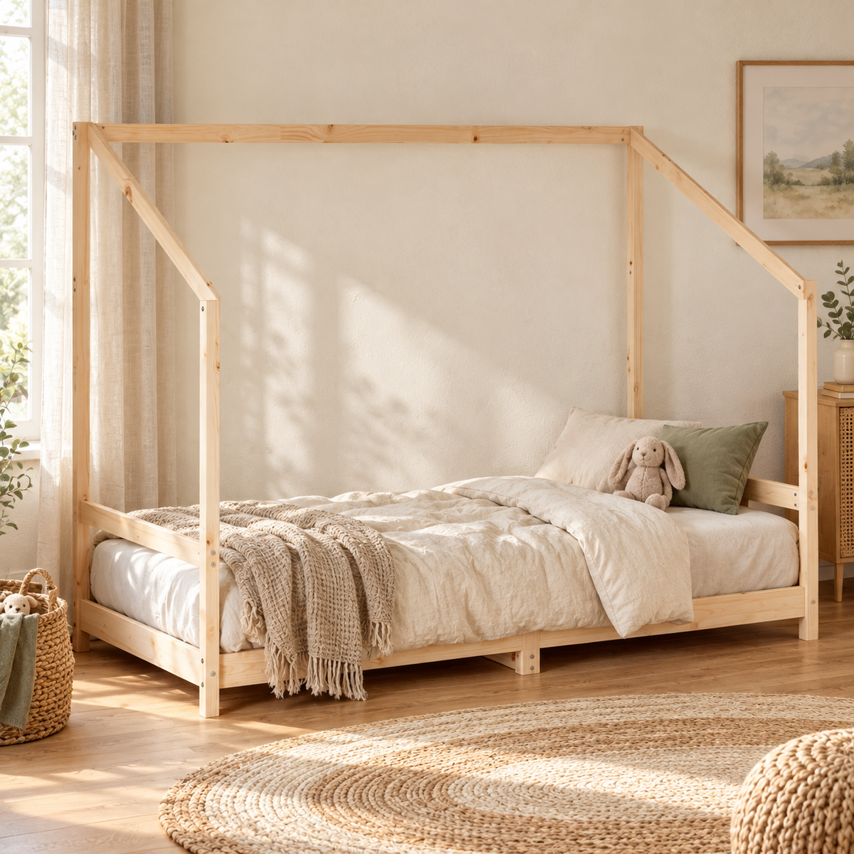 Lit cabane 90x190 en pin massif – Frêne, toit asymétrique ouvert