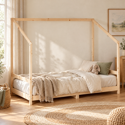 Lit cabane 90x190 en pin massif – Frêne, toit asymétrique ouvert