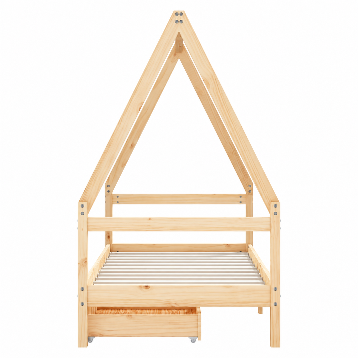 Lit cabane 80x160 en pin massif – Saule, maison avec 2 tiroirs