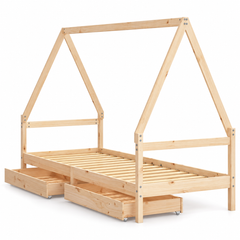 Lit cabane 90x190 en pin massif – Saule, maison avec 2 tiroirs