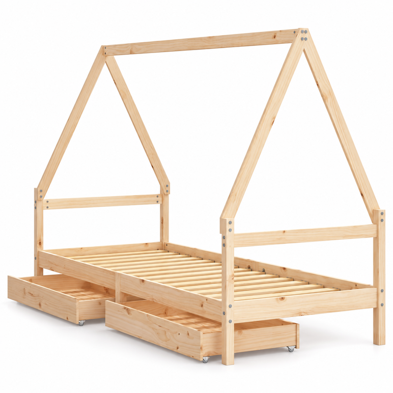 Lit cabane 90x190 en pin massif – Saule, maison avec 2 tiroirs