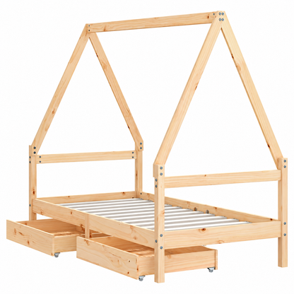 Lit cabane 80x160 en pin massif – Saule, maison avec 2 tiroirs