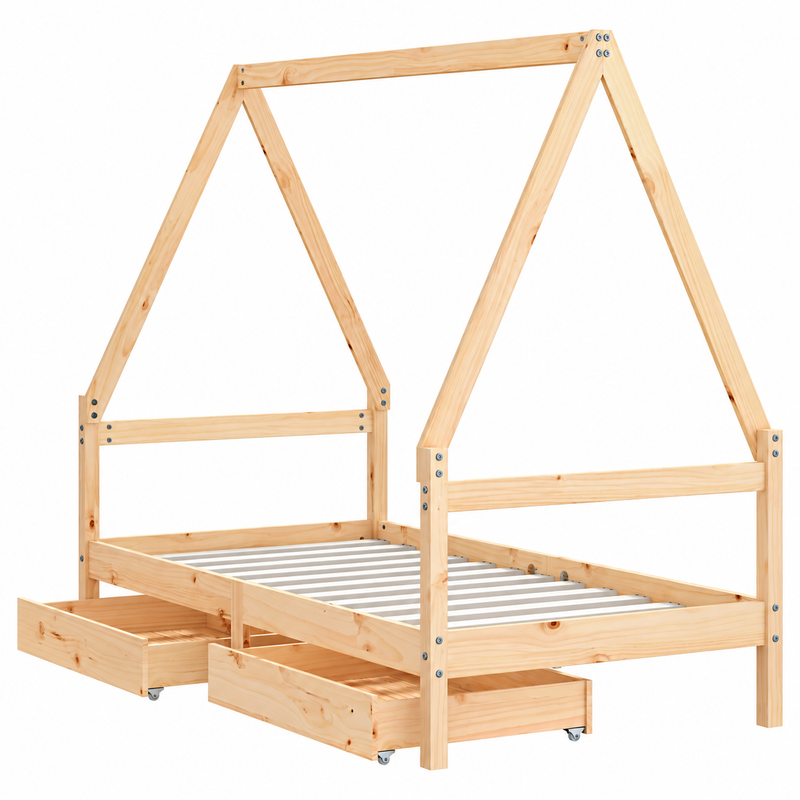 Lit cabane 80x160 en pin massif – Saule, maison avec 2 tiroirs