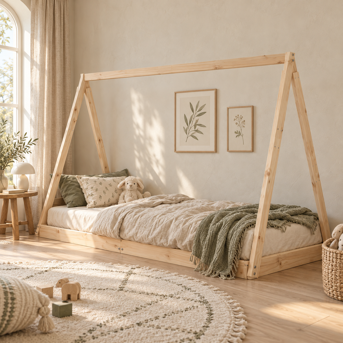 Lit cabane 90x190 en pin massif – Cèdre, tipi au sol