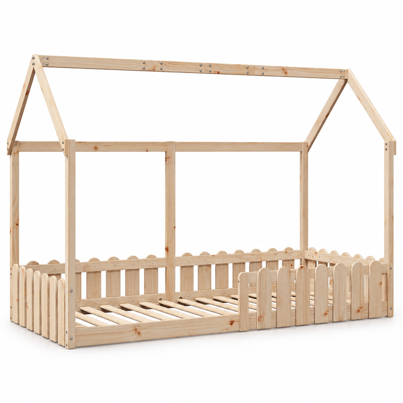 Lit cabane 90x190 en pin massif – Aulne, barrières festonnées