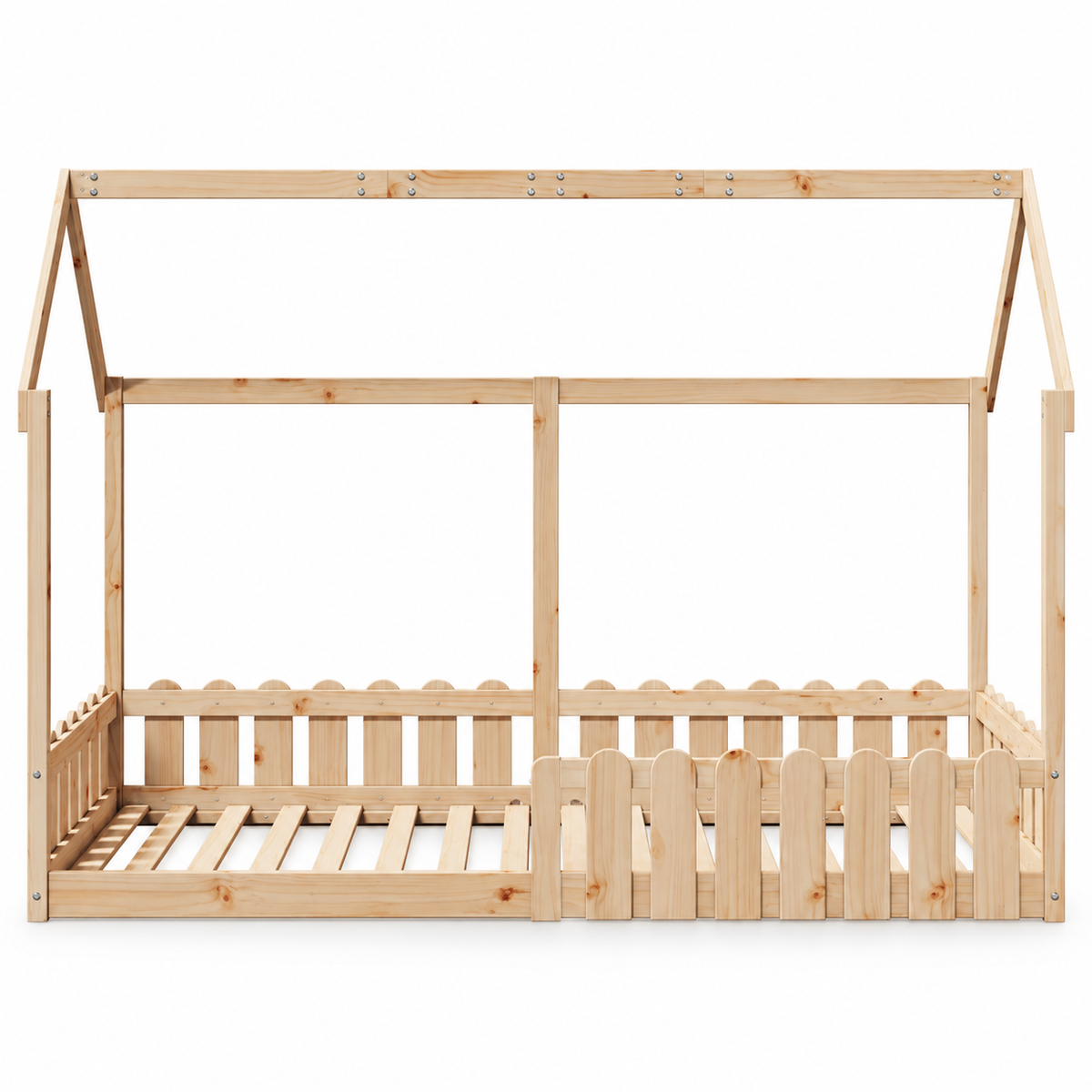 Lit cabane 90x190 en pin massif – Aulne, barrières festonnées