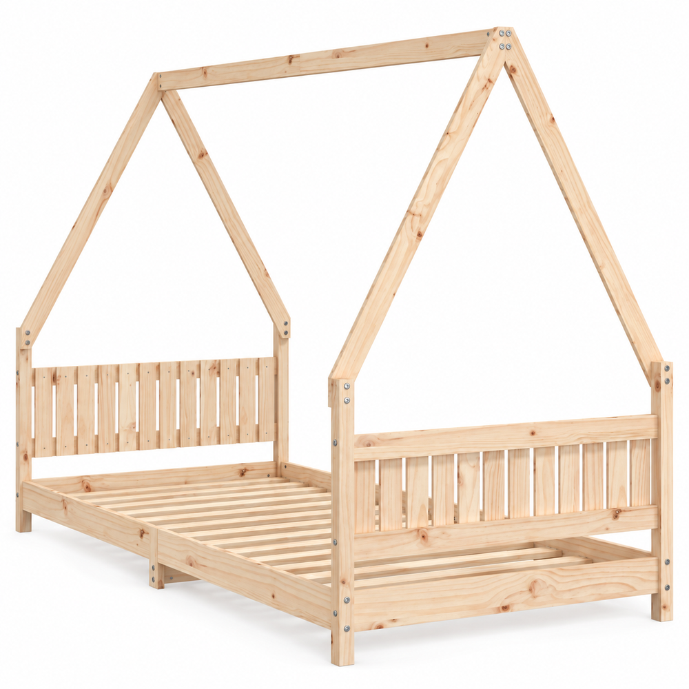 Lit cabane 90x190 en pin massif – Mélèze, maison à tête de lit à barreaux