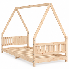 Lit cabane 90x190 en pin massif – Mélèze, maison à tête de lit à barreaux