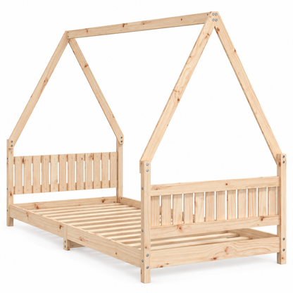 Lit cabane 90x190 en pin massif – Mélèze, maison à tête de lit à barreaux