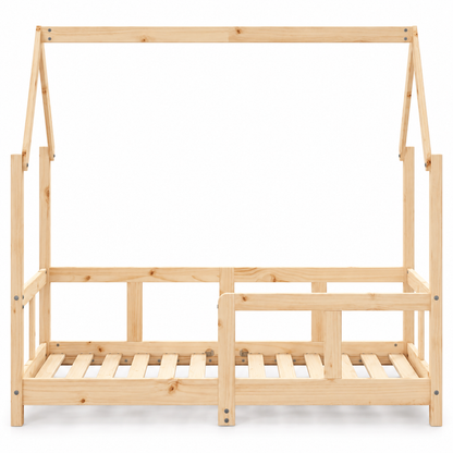 Lit cabane 70x140 en pin massif – Charme, toit pentagonal