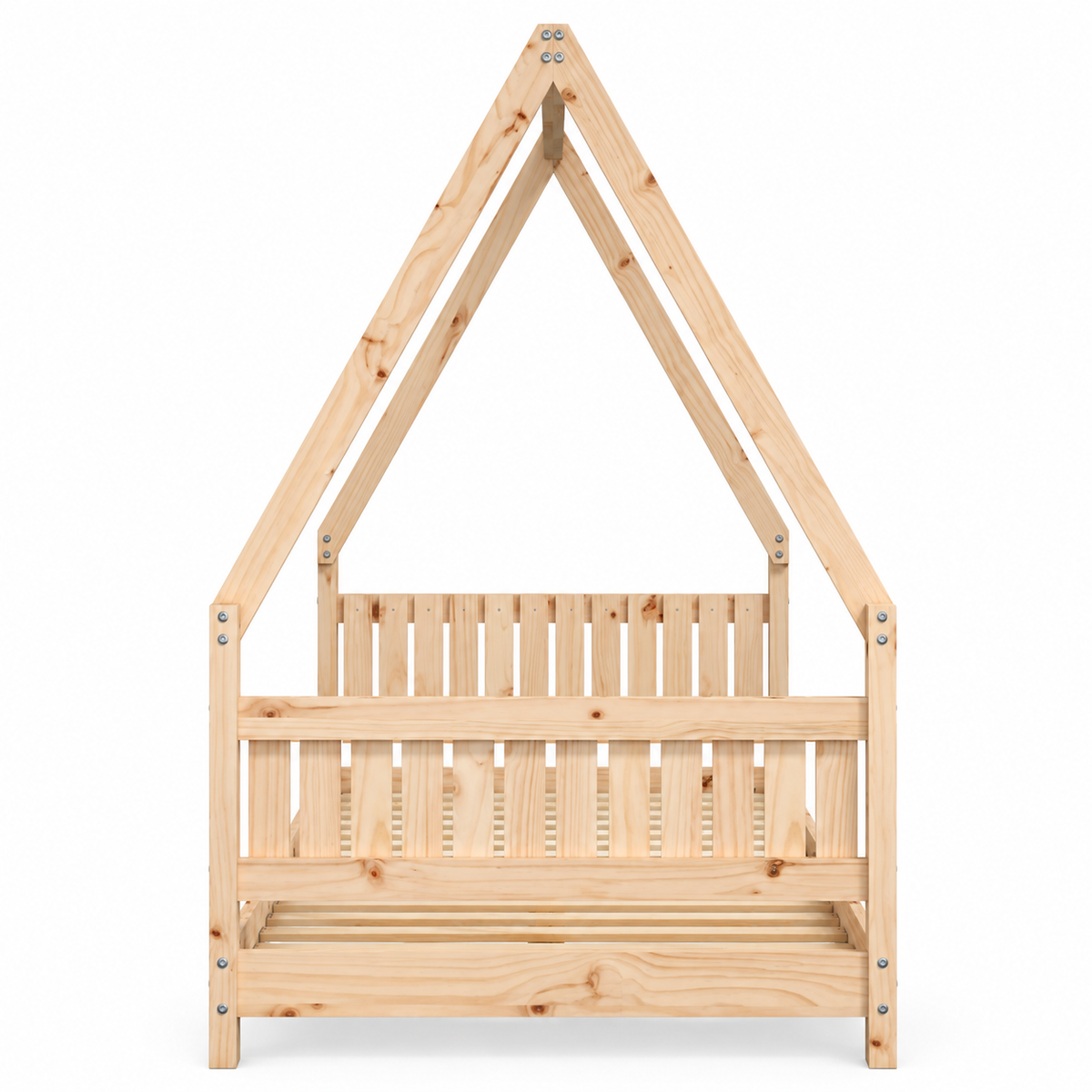 Lit cabane 90x190 en pin massif – Mélèze, maison à tête de lit à barreaux