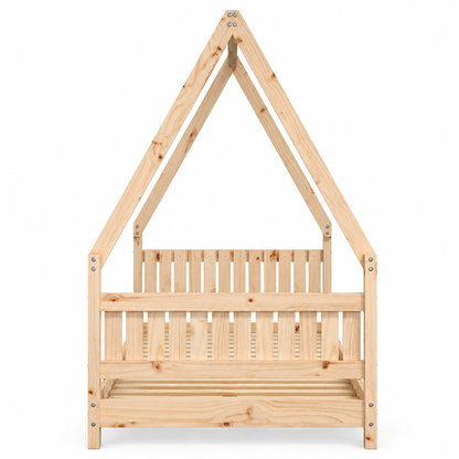 Lit cabane 90x190 en pin massif – Mélèze, maison à tête de lit à barreaux