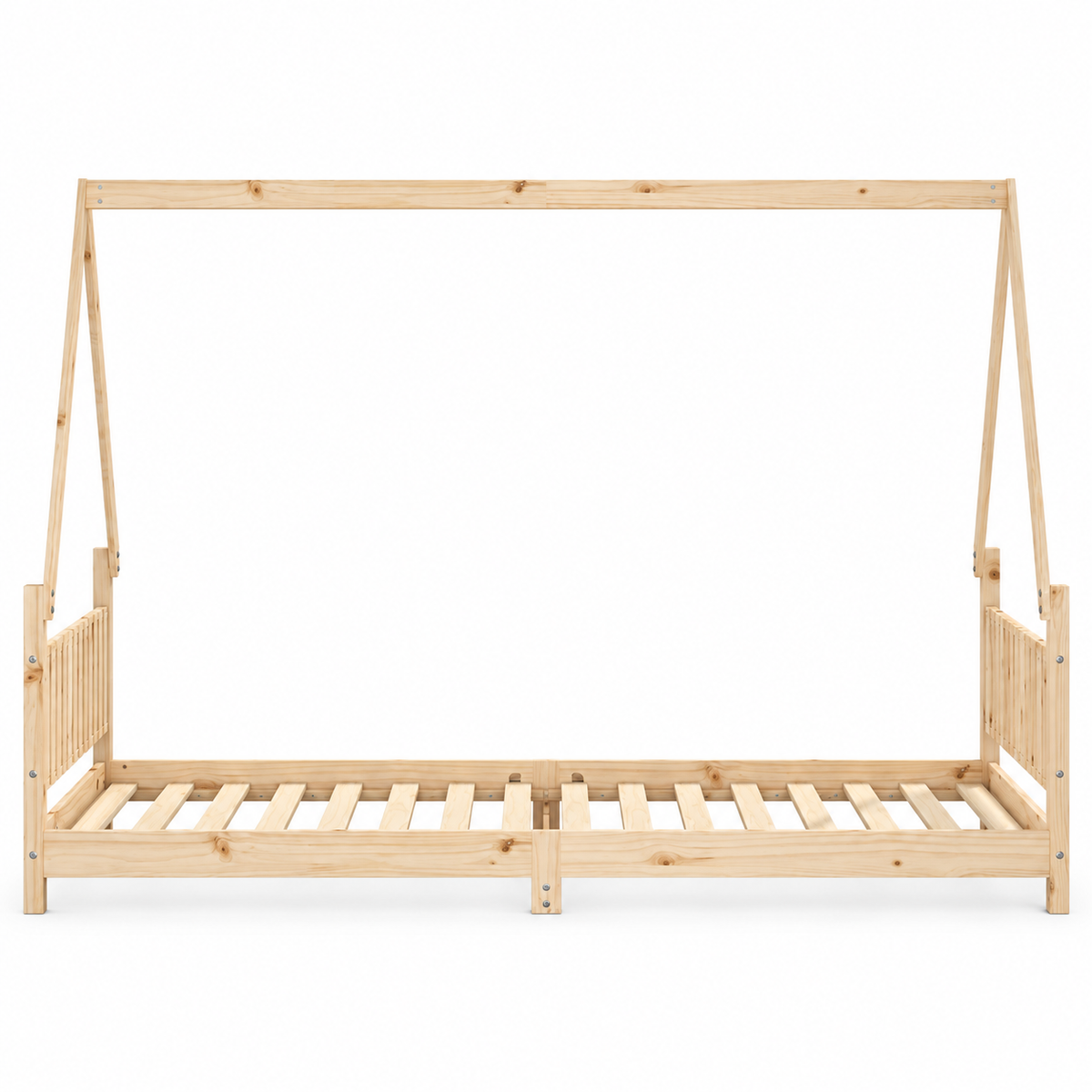 Lit cabane 90x190 en pin massif – Mélèze, maison à tête de lit à barreaux