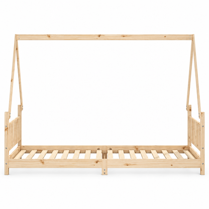 Lit cabane 90x190 en pin massif – Mélèze, maison à tête de lit à barreaux