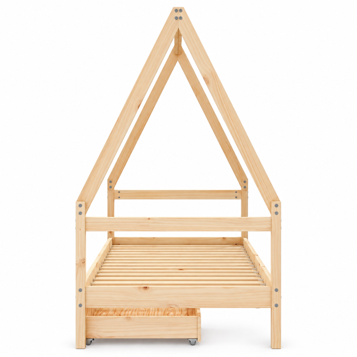Lit cabane 90x190 en pin massif – Saule, maison avec 2 tiroirs