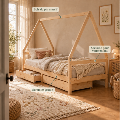 Lit cabane 90x190 en pin massif – Saule, maison avec 2 tiroirs
