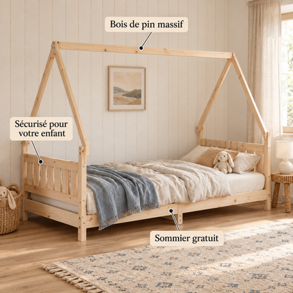 Lit cabane 90x190 en pin massif – Mélèze, maison à tête de lit à barreaux
