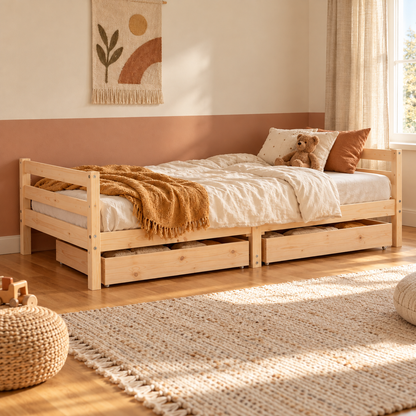 Lit enfant 90x190 en pin massif – Érable, bas avec 2 tiroirs