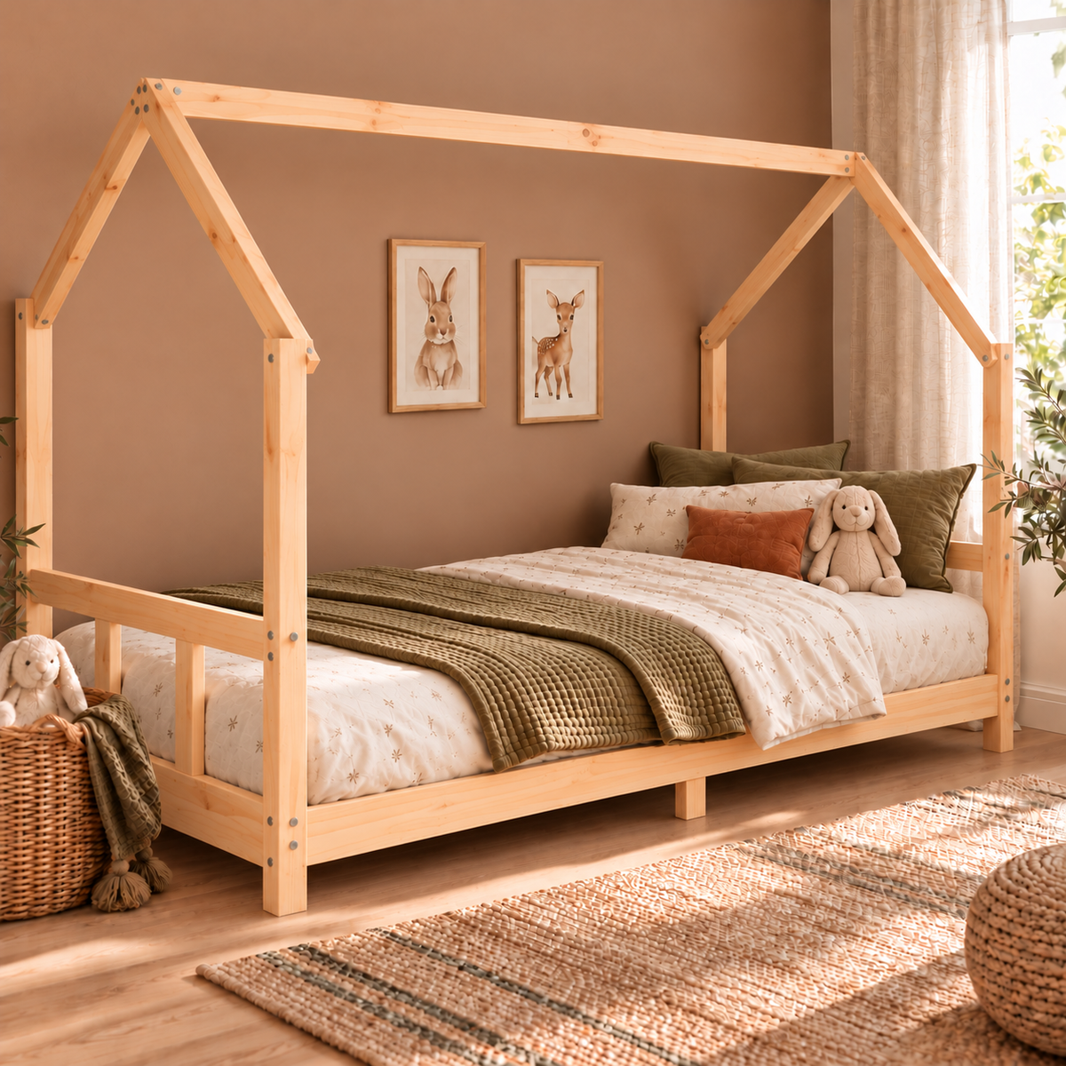 Lit cabane 90x190 en pin massif – Charme, toit pentagonal