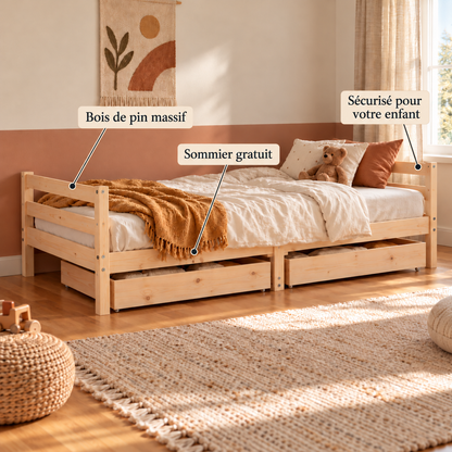 Lit enfant 90x190 en pin massif – Érable, bas avec 2 tiroirs